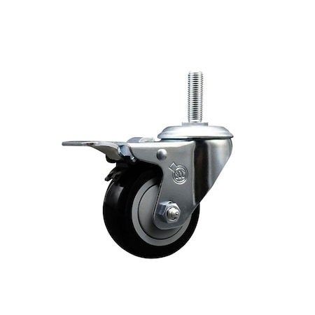 3 Inch Black Polyurethane Wheel Swivel 58 Inch Threaded Stem Caster Total Lock Brake SCC